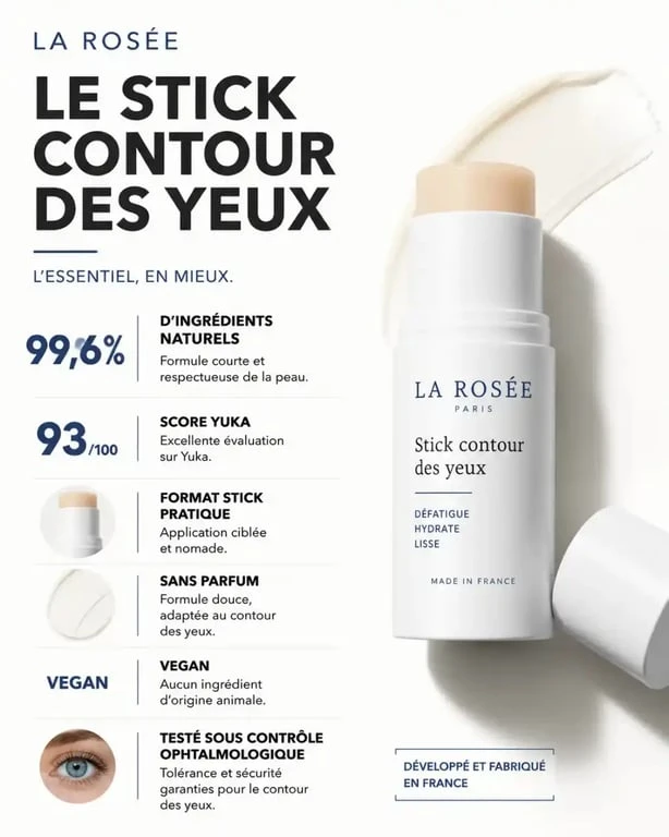 Infographie des bénéfices et avis sur le stick contour des yeux La Rosée