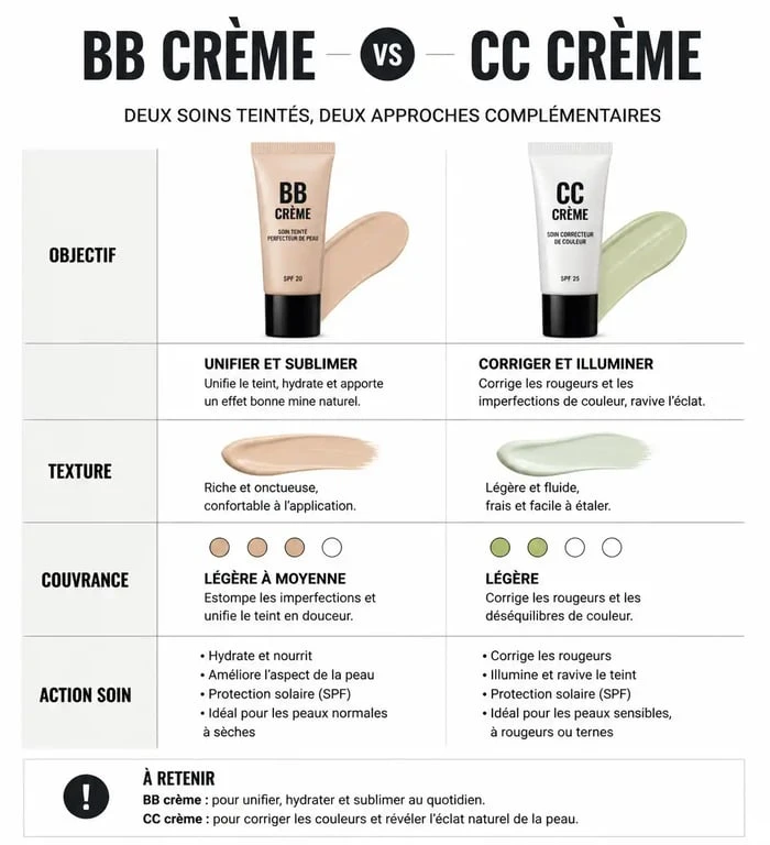 Infographie comparative des différences entre BB crème et CC crème pour le teint