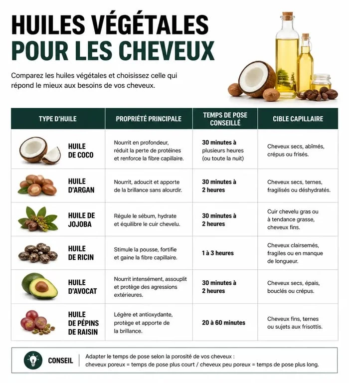 Infographie comparative des temps de pose pour un bain d'huile cheveux selon le type d'huile et le besoin capillaire