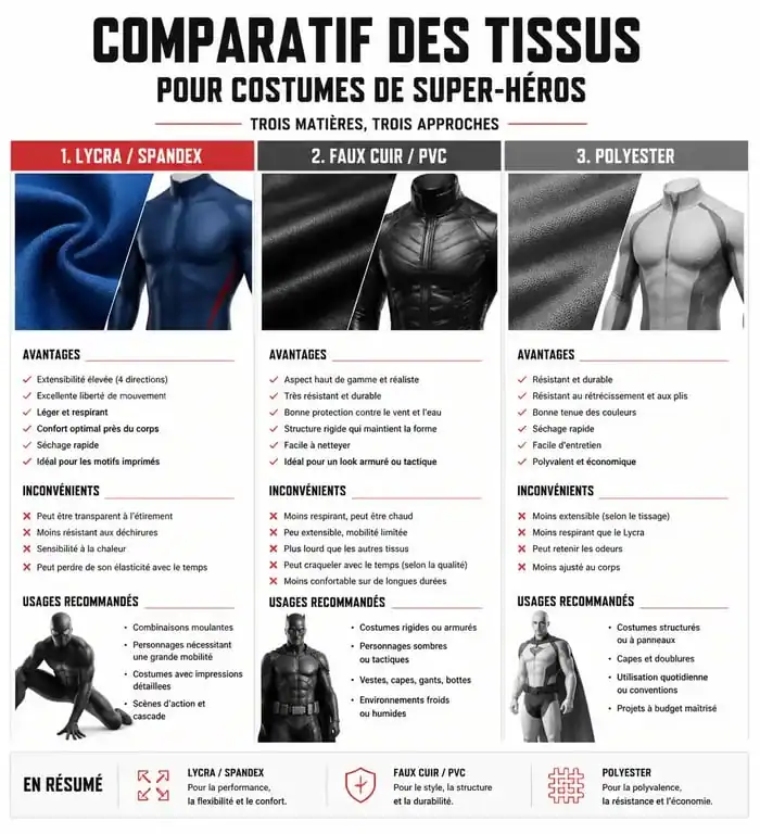 Comparatif des matières de déguisement de super héros femme : Lycra, Simili Cuir et Polyester