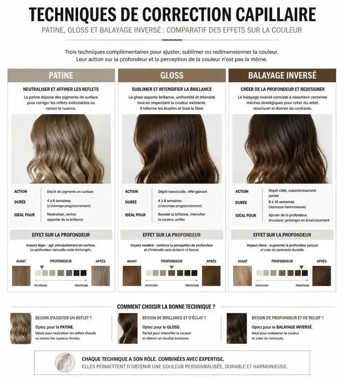 Infographie comparant les techniques pour foncer des mèches trop claires : patine, gloss et balayage inversé