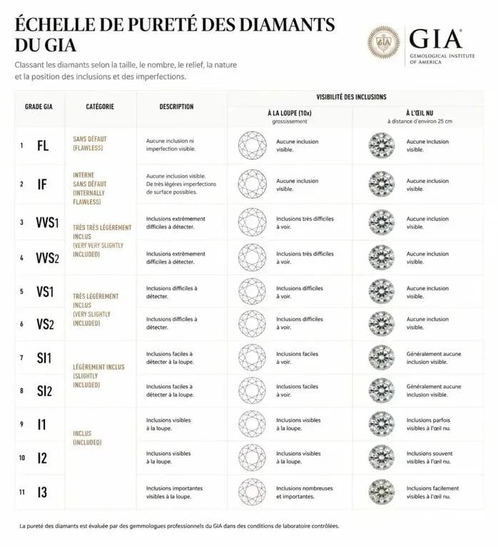 Échelle de pureté du diamant GIA : guide visuel des grades de pureté diamant pour l'achat.