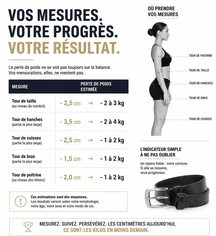 Infographie sur comment se peser sans balance : correspondance entre tour de taille et perte de poids.