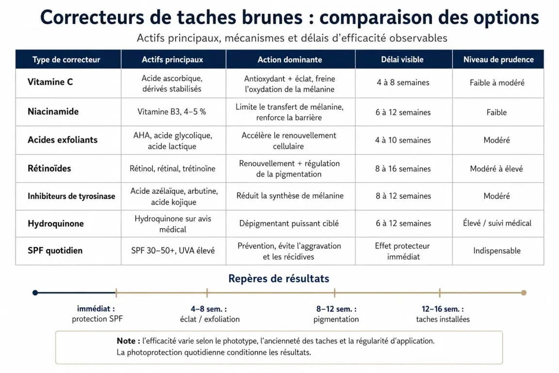 Infographie comparative des meilleurs correcteurs de taches brunes et sérums anti-taches