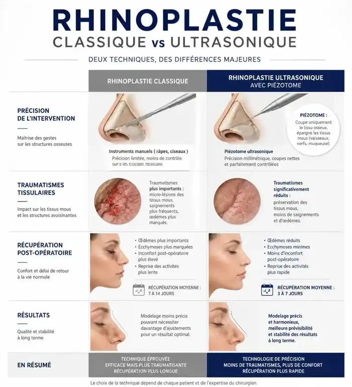 Infographie comparative des avantages de la rhinoplastie ultrasonique par rapport à la chirurgie classique
