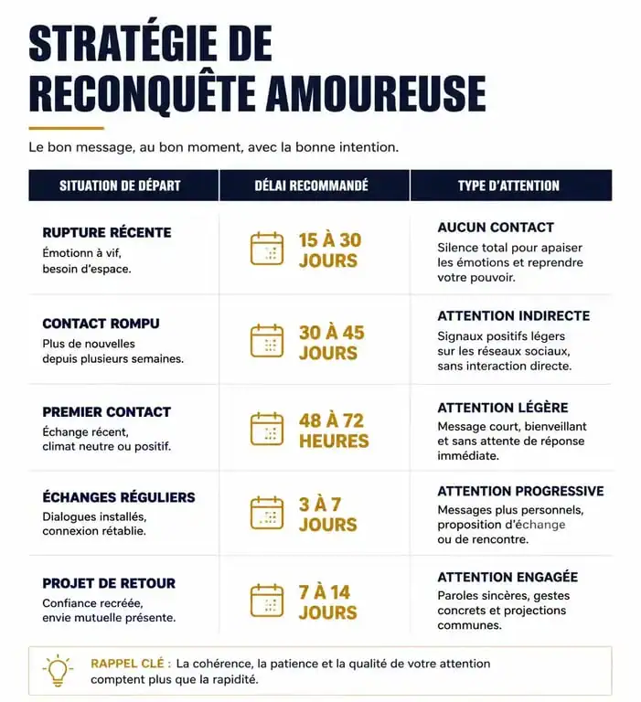 Infographie des stratégies de petites attentions pour récupérer son ex selon la situation