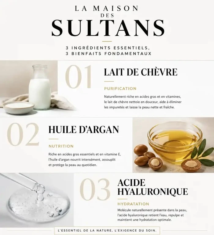 Infographie des bienfaits des ingrédients naturels de La Maison des Sultans : lait de chèvre, huile d'argan et acide hyaluronique.