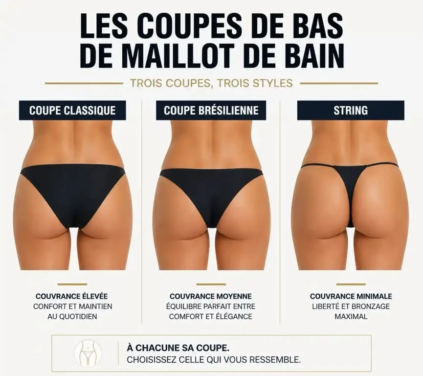 Comparaison des coupes de bas de maillot de bain : différence entre bikini brésilien, string et culotte classique pour femme.