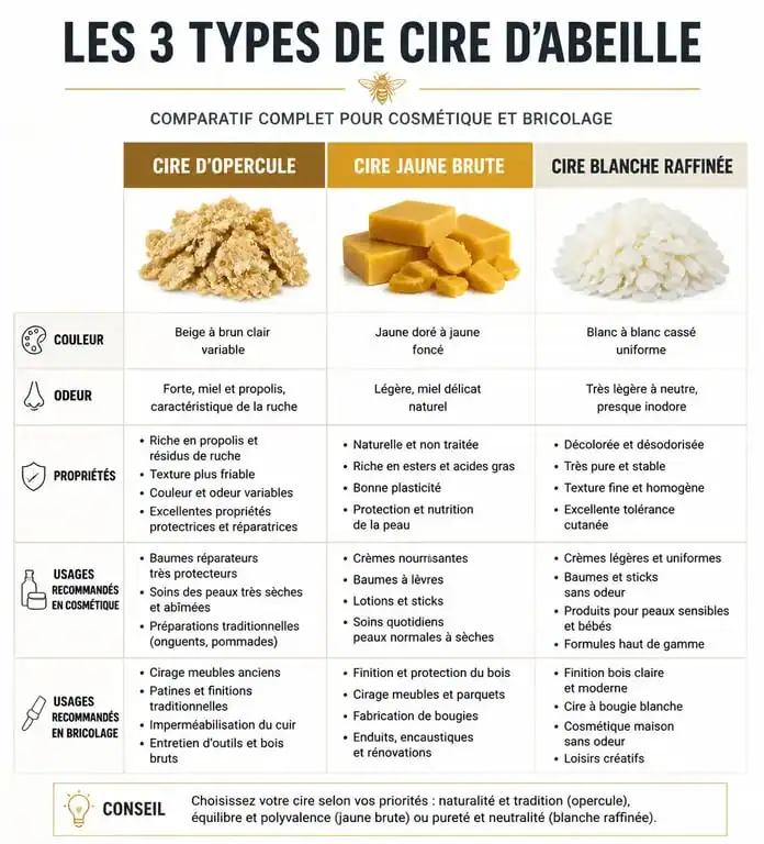 Comparatif des types de cire d'abeille : cire d'opercule, jaune et blanche pour vos projets DIY