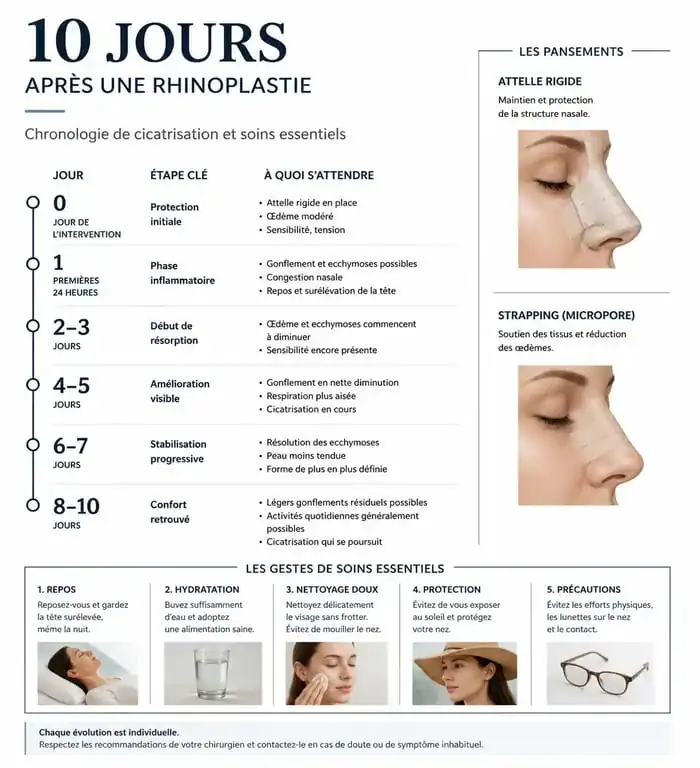 Infographie des étapes de soins et types de pansements après une rhinoplastie