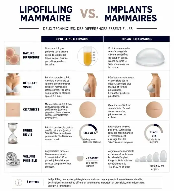 Comparatif injection de graisse (lipofilling) vs implants mammaires pour l'augmentation mammaire