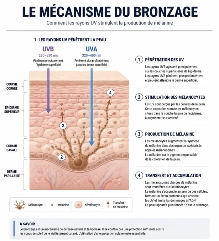 Schéma explicatif du mécanisme de bronzage et de la production de mélanine pour bronzer vite et en sécurité