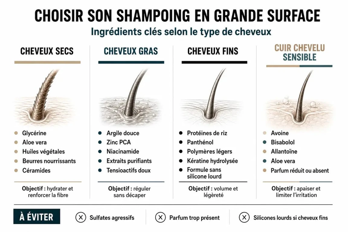 Infographie comparative des meilleurs ingrédients de shampoing de grande surface par type de cheveux