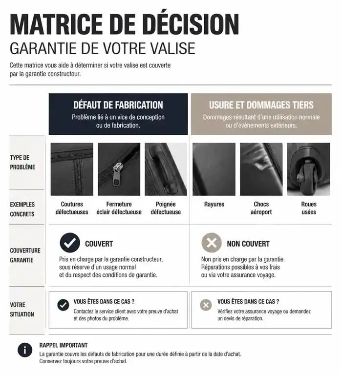 Infographie explicative sur la garantie à vie des valises : ce qui est couvert par la garantie constructeur et ce qui relève de l'usure ou des dommages aériens.