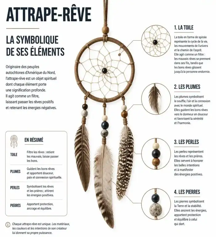 Infographie explicative de la signification des éléments d'un tatouage attrape-rêve : toile, plumes et perles.