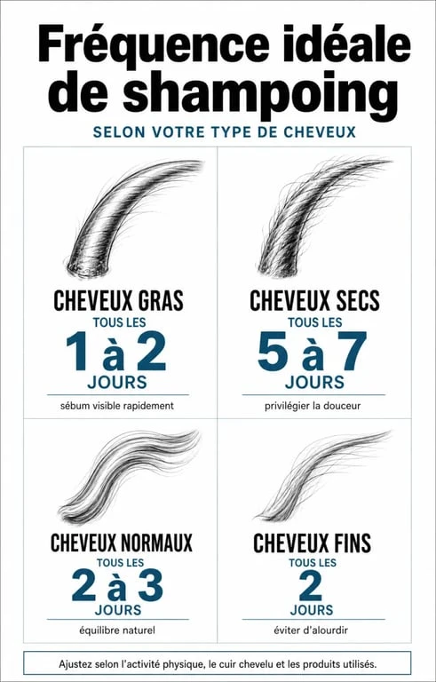 Infographie sur la fréquence idéale de shampoing par semaine selon le type de cheveux