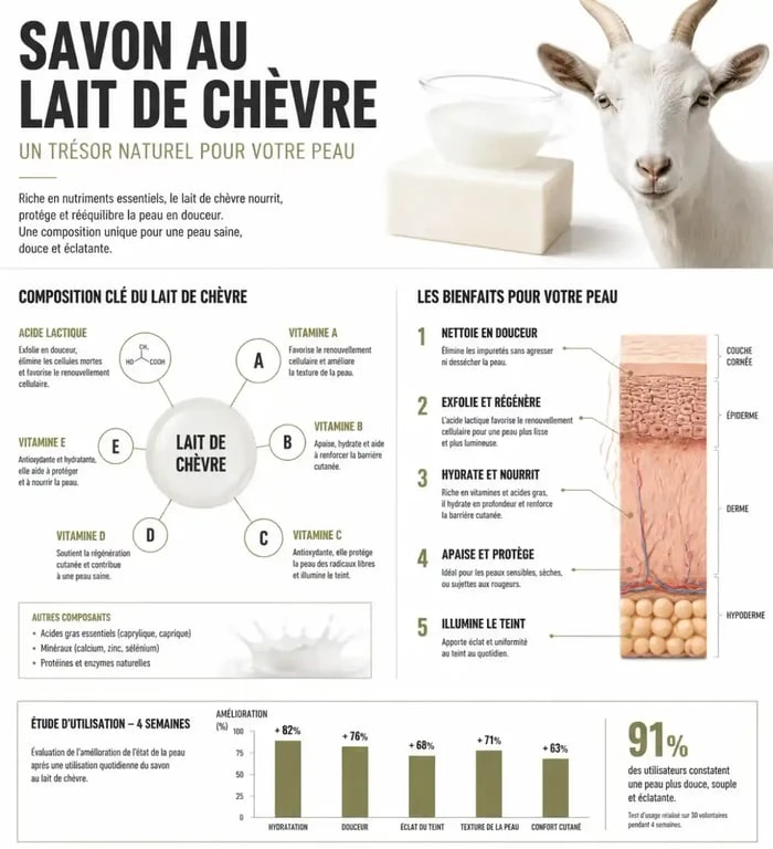 Infographie des bienfaits du savon au lait de chèvre pour la peau