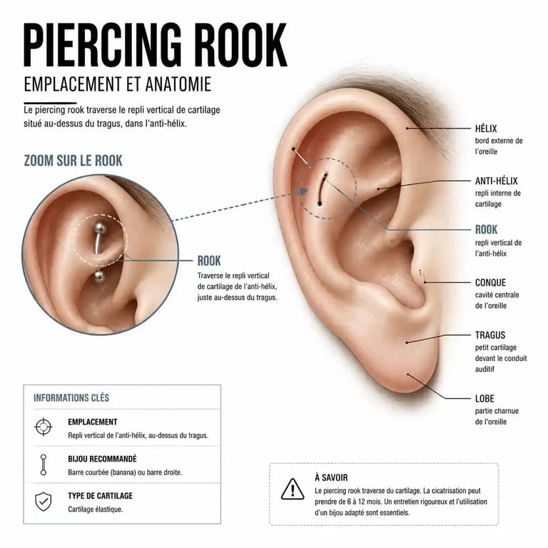 Schéma anatomique de l'oreille montrant l'emplacement du piercing rook