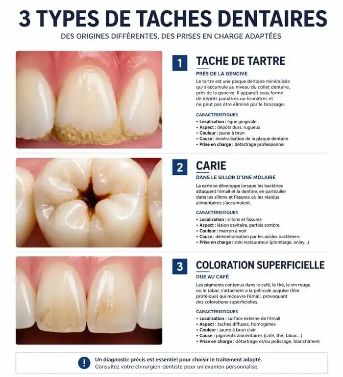 Schéma explicatif des différents types de taches noires sur les dents : tartre, carie et coloration