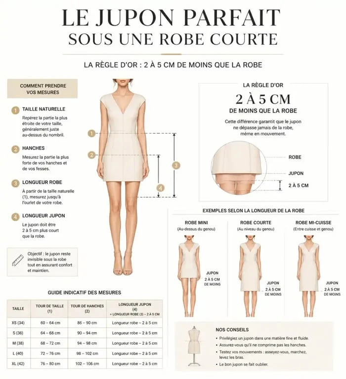 Infographie illustrant comment choisir la longueur d'un jupon sous robe courte pour un tombé parfait