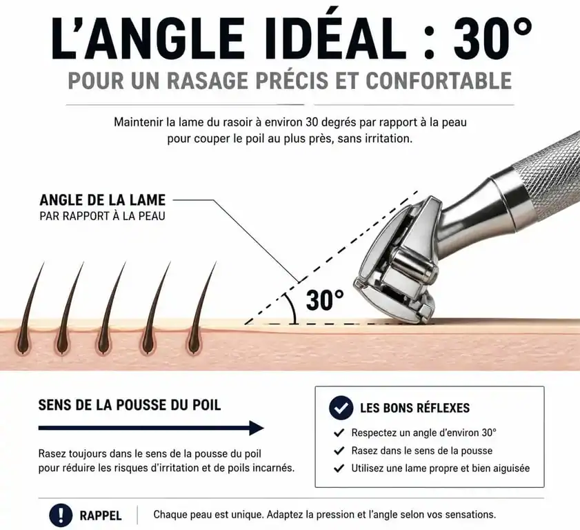 Schéma explicatif sur comment utiliser un rasoir avec l'angle de 30 degrés et le sens de la pousse
