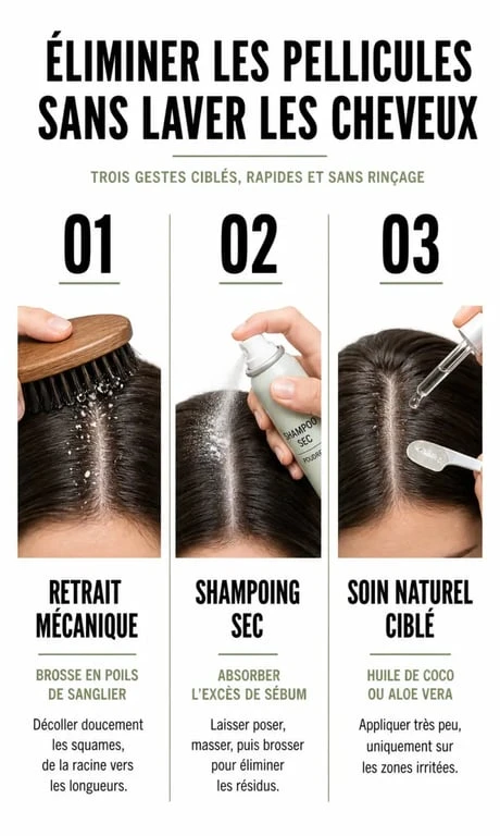 Infographie montrant comment enlever les pellicules sans se laver les cheveux avec des méthodes naturelles et mécaniques.