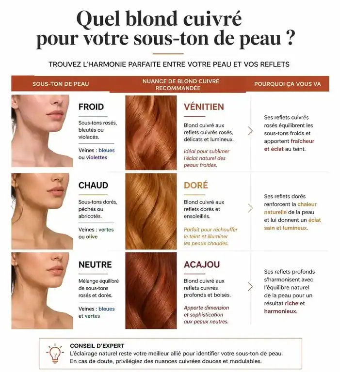 Infographie des nuances de blond cuivré selon la carnation de peau