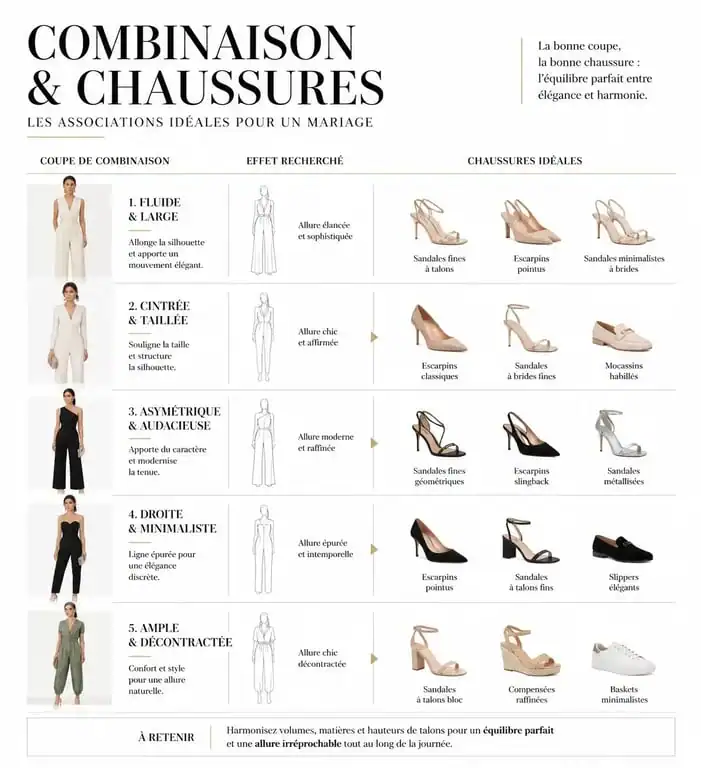 Infographie des conseils pour choisir ses chaussures avec une combinaison pour un mariage