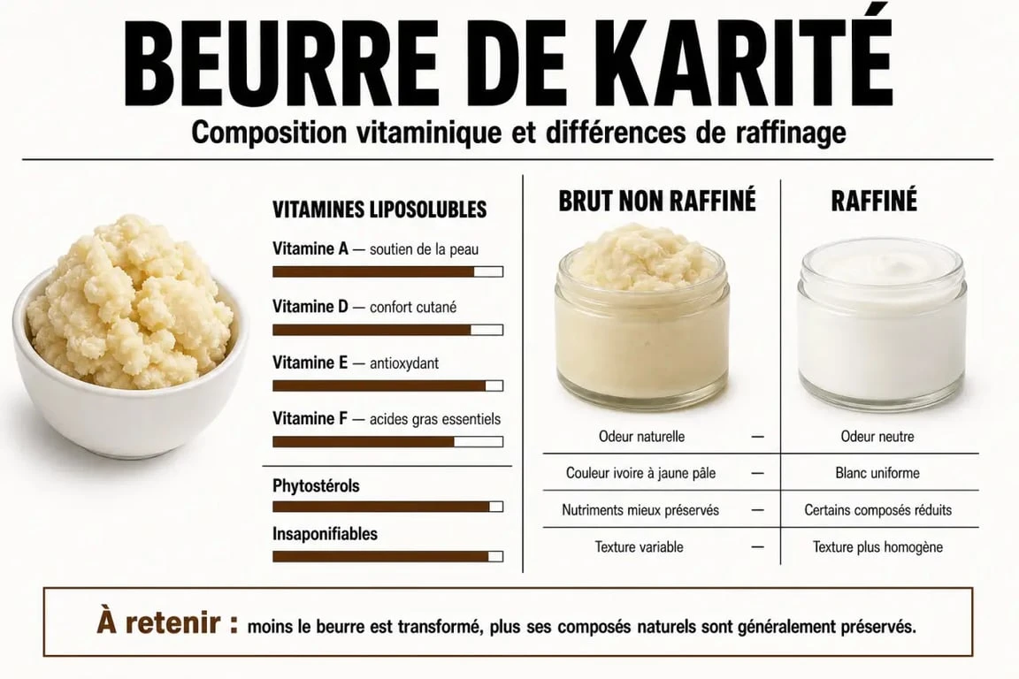 Infographie sur les bienfaits et l'utilisation du beurre de karité brut versus raffiné