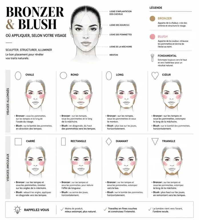 Schéma des zones d'application pour appliquer bronzer et blush selon la forme du visage