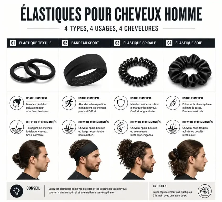 Infographie comparative des différents types d'élastiques cheveux homme selon le type de chevelure et l'usage