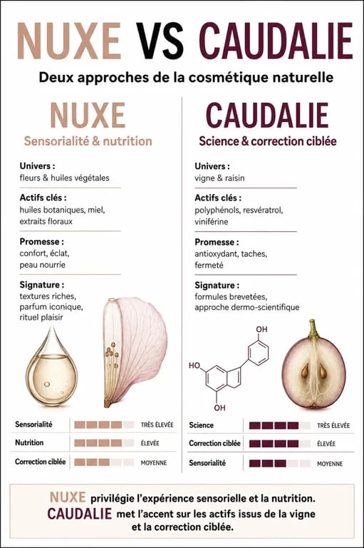 Comparatif des marques de cosmétiques Nuxe et Caudalie : choisir entre Nuxe ou Caudalie selon son type de peau