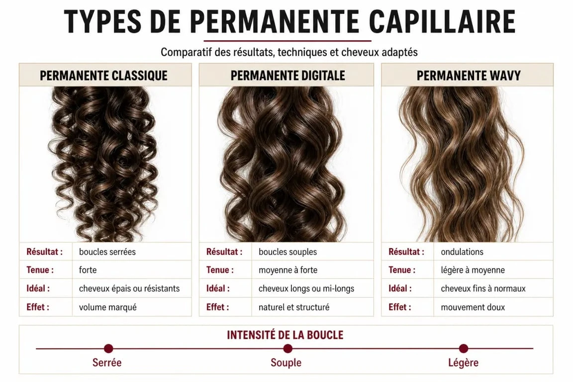 Infographie comparative des différents types de permanente : classique, digitale et wavy pour choisir la technique adaptée à ses cheveux.
