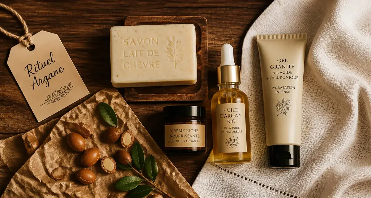 La maison des sultans : rituel argane, savon au lait de chèvre et huile d’argan sur table en bois