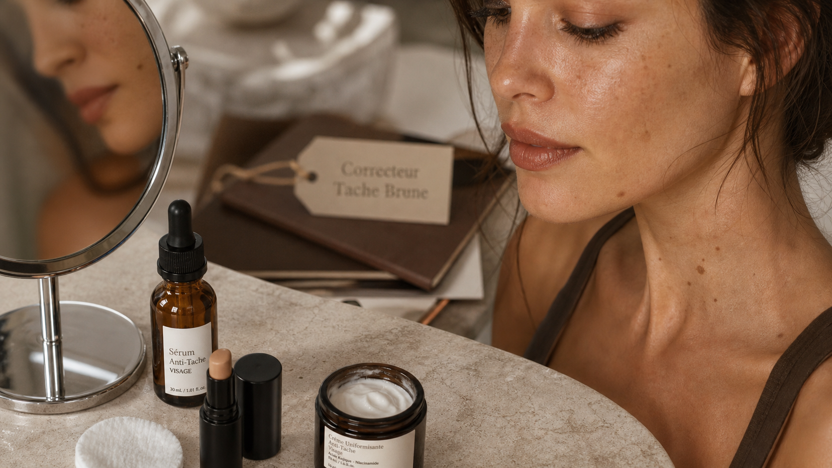 Meilleur correcteur tache brune : sérum et stick sur peau avec taches brunes