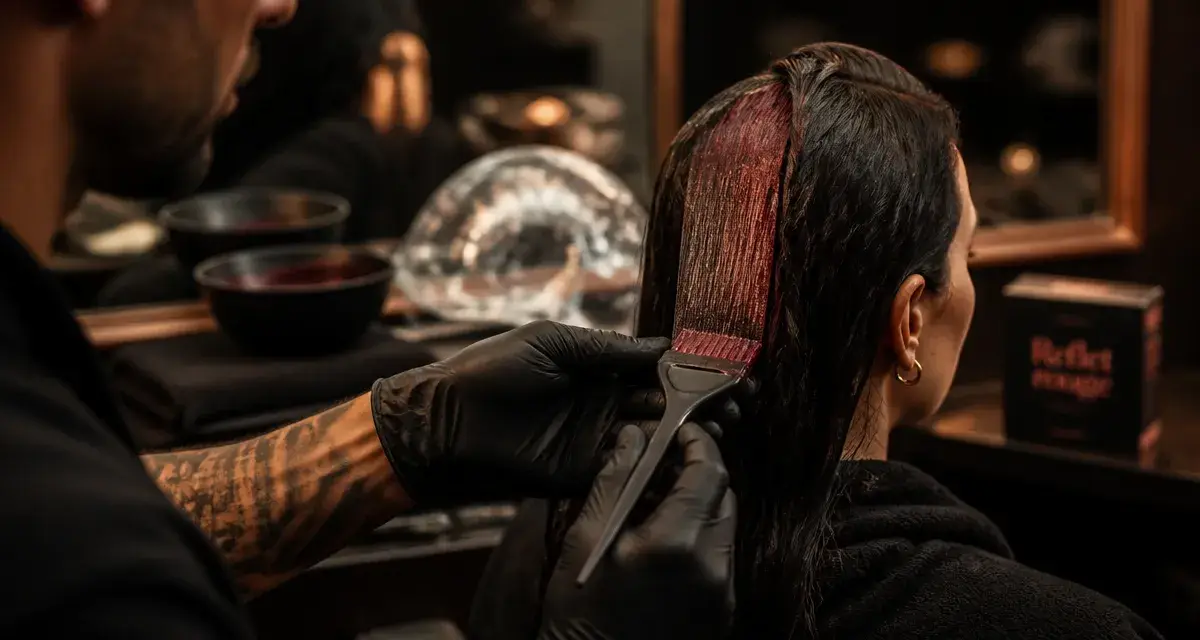 Reflet rouge sur cheveux noir : application d’un masque rouge bordeaux sans décoloration sur cheveux noirs