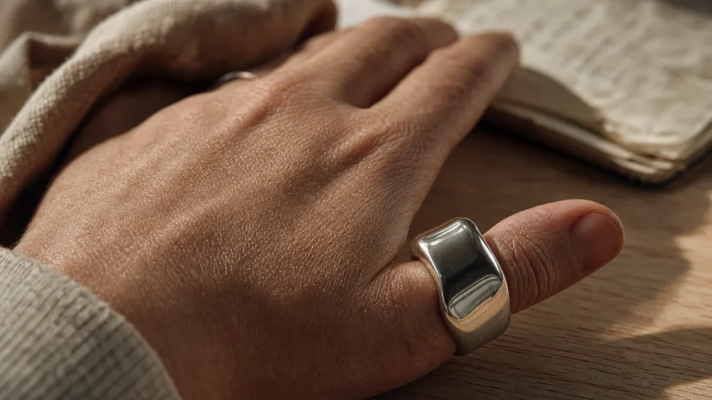 Bague sur le pouce signification : chevalière argentée au pouce