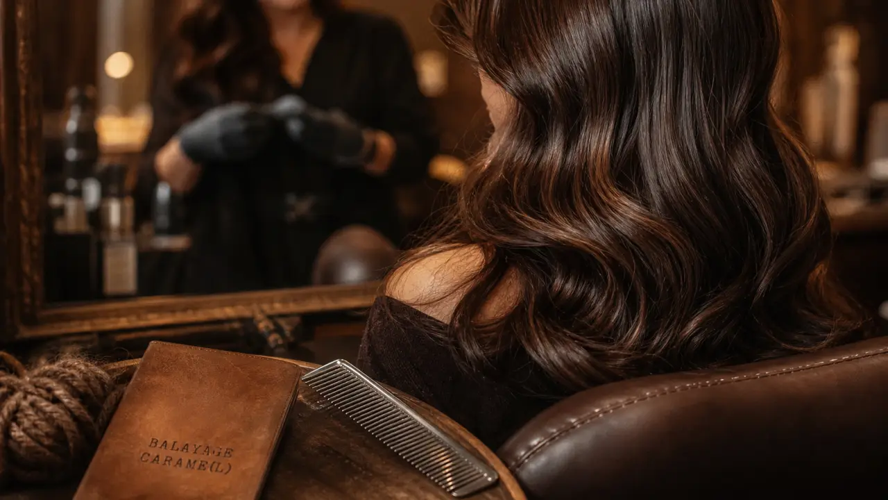 Balayage pour chatain foncé : mèches caramel, moka ou miel, chevelure brune brillante