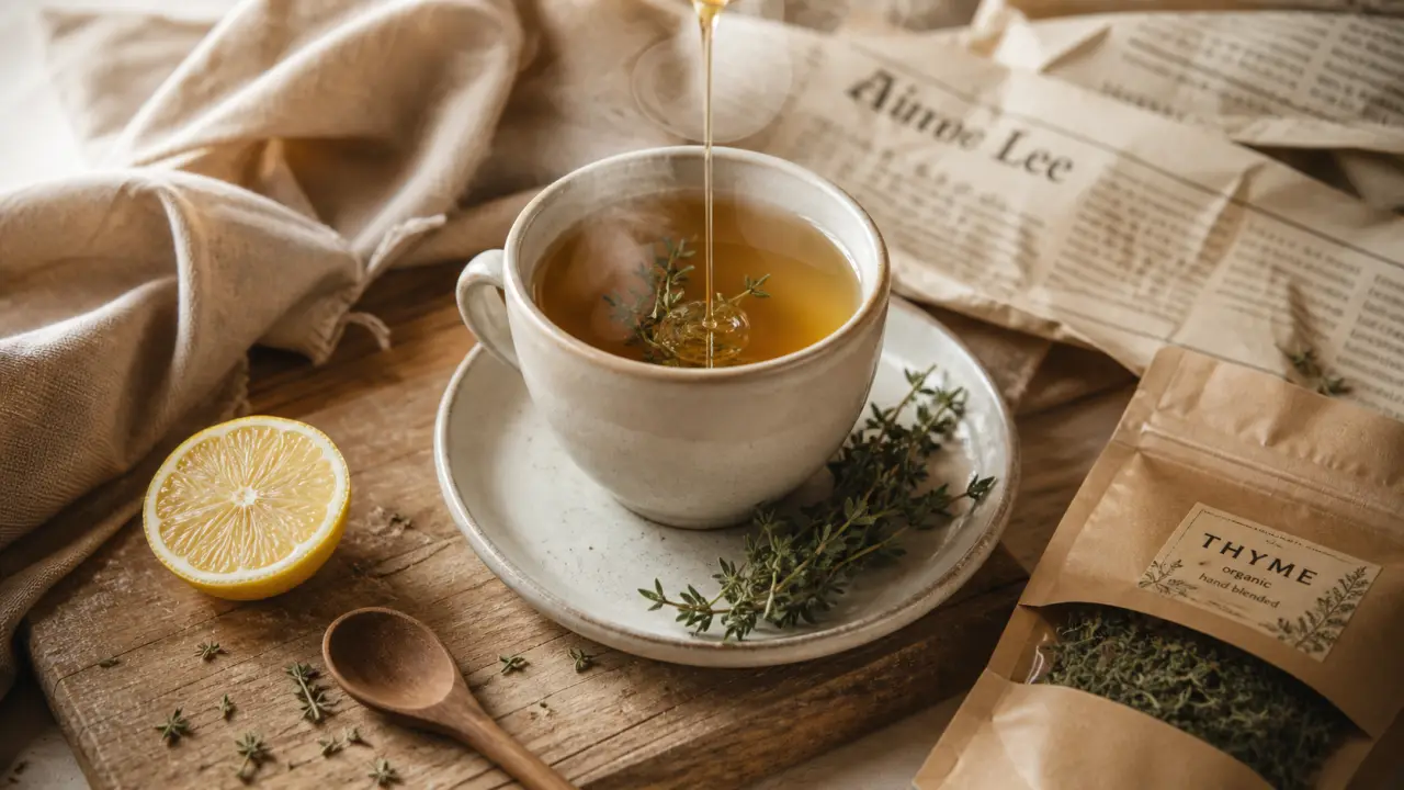 Bienfait du thym en tisane : tasse de thym, miel et citron pour la gorge et la toux