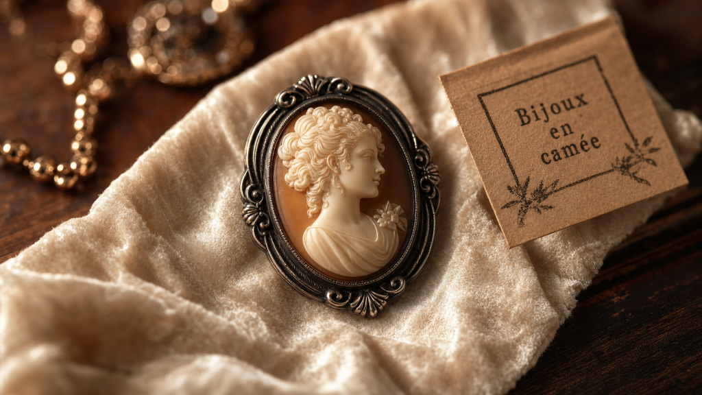 Bijoux en camée : broche ovale gravée, macro sur relief sculpté