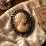 Bijoux en camée : broche ovale gravée, macro sur relief sculpté