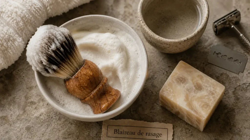 Blaireau rasage et mousse de rasage en salle de bain