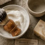 Blaireau rasage et mousse de rasage en salle de bain