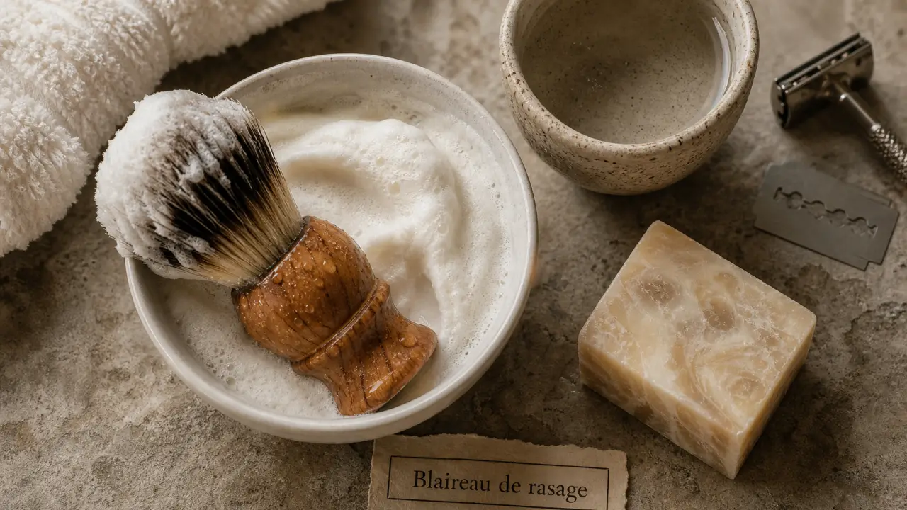 Blaireau rasage et mousse de rasage en salle de bain