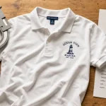 Broderie pour vetement : logo brodé sur polo blanc, fil bleu marine côté cœur