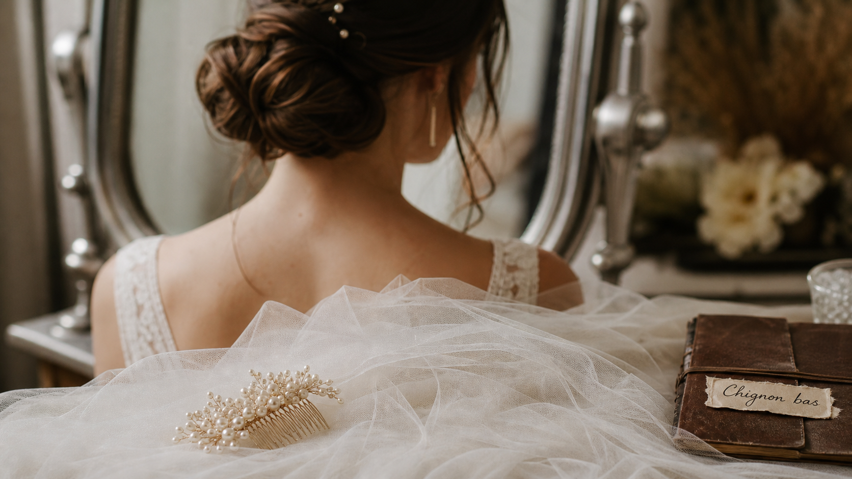 Chignon bas mariage flou romantique, nuque dégagée