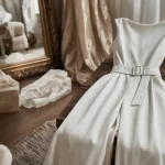 Combinaison pour mariage : mariée en ivoire, pantalon fluide et ceinture