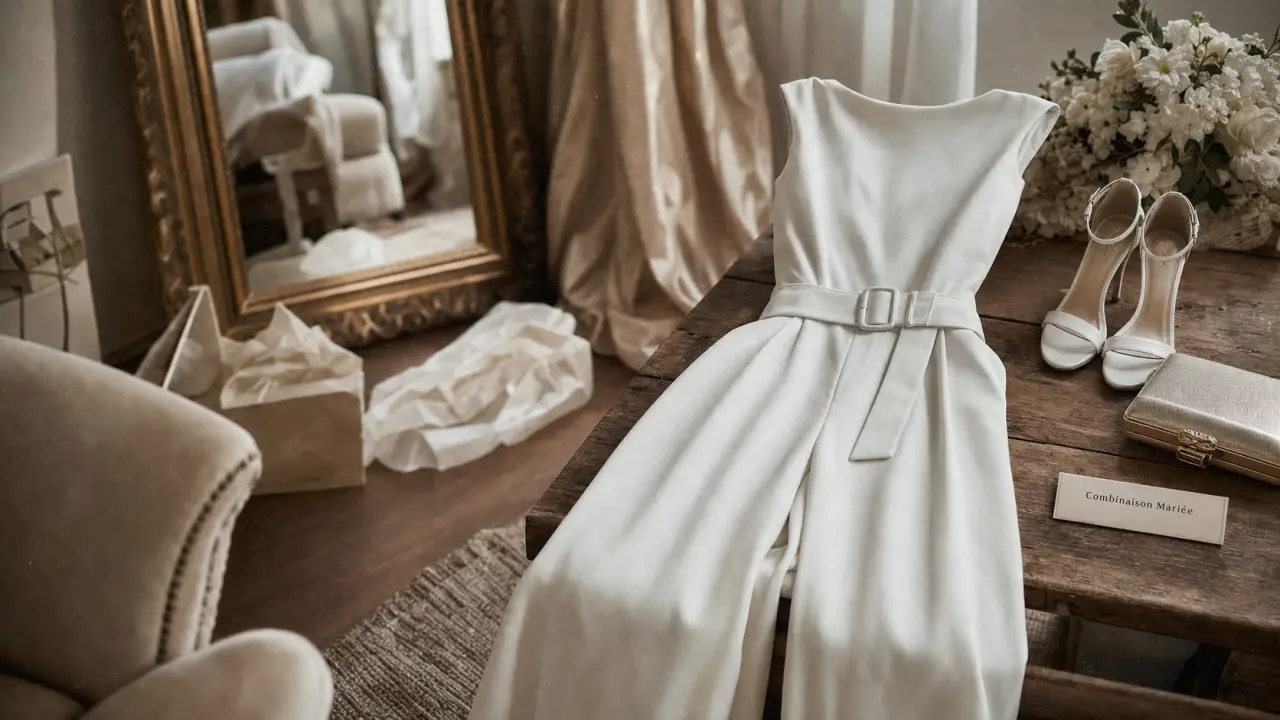 Combinaison pour mariage : mariée en ivoire, pantalon fluide et ceinture