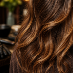 Couleur de cheveux noisette caramel, mèches brillantes caramel ambré