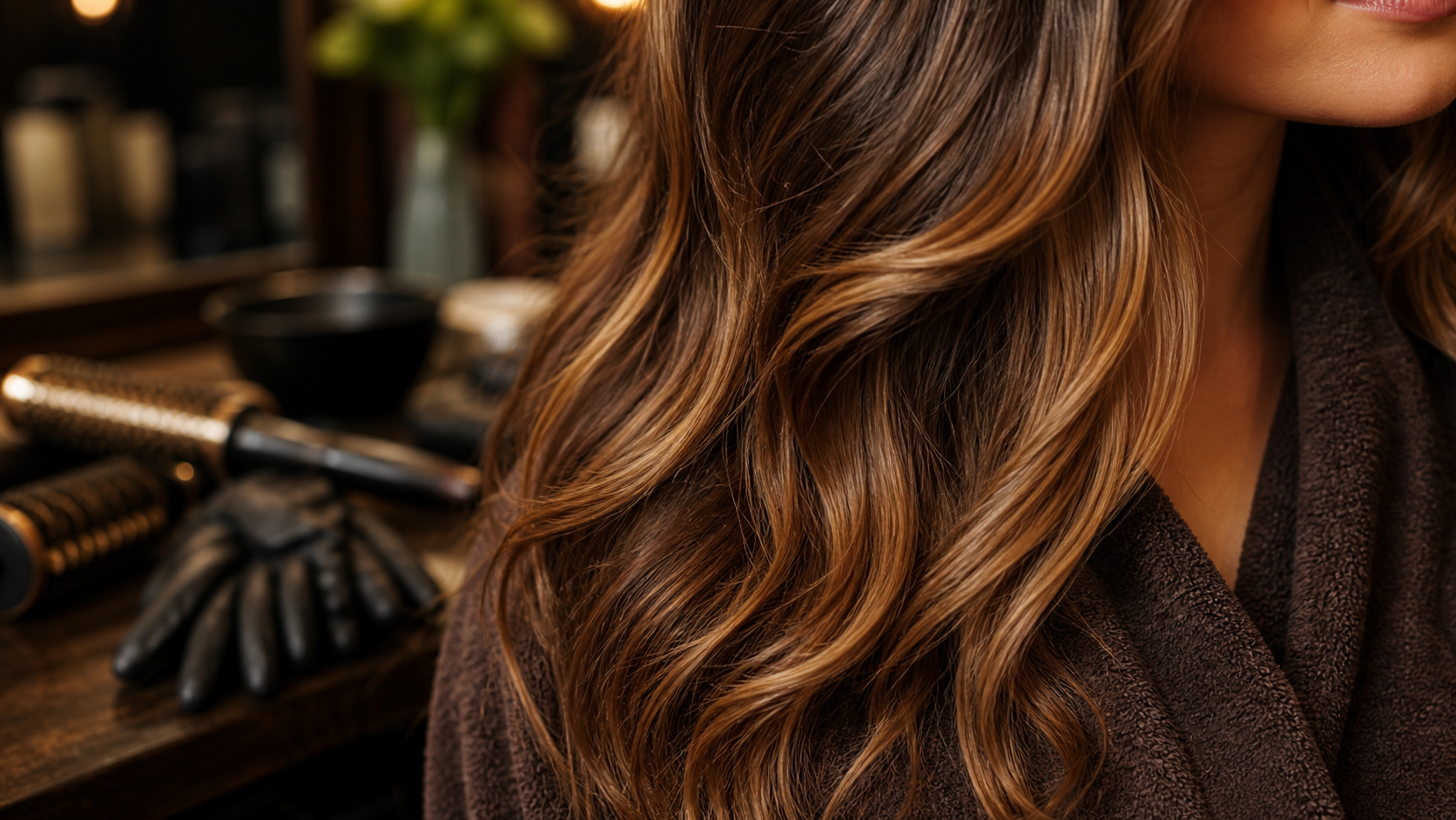 Couleur de cheveux noisette caramel, mèches brillantes caramel ambré